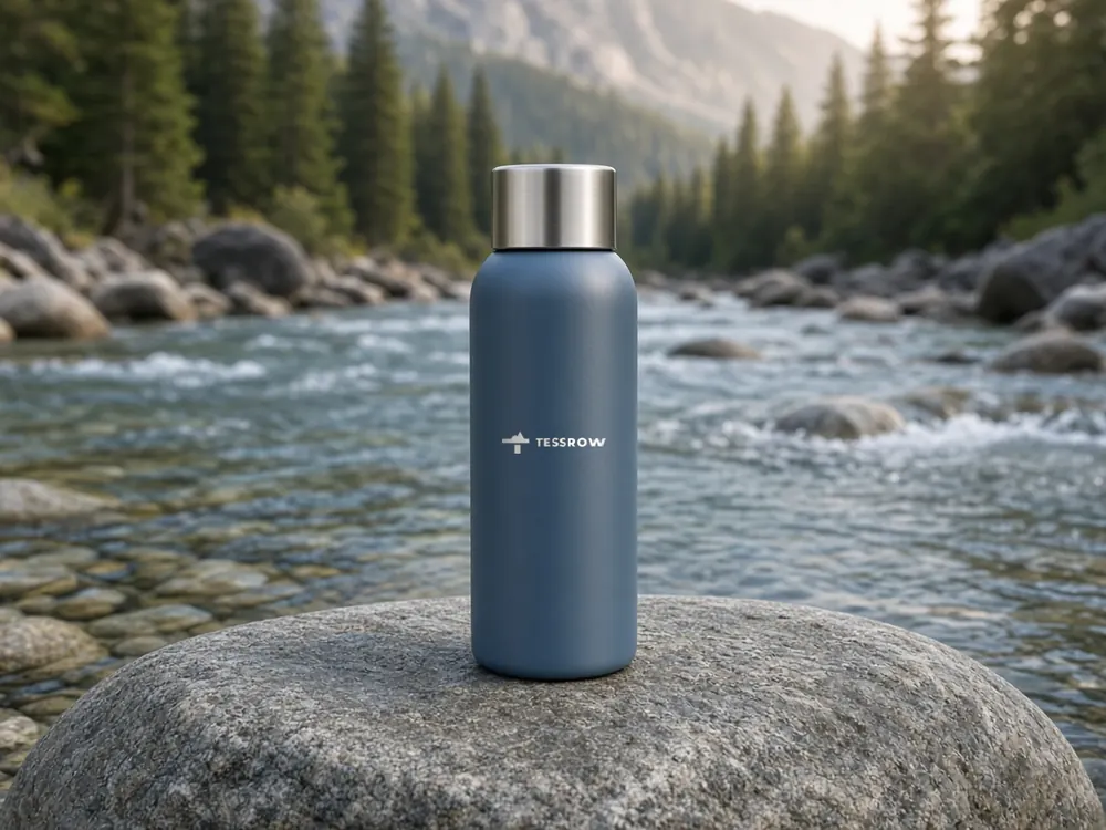 Slate-blue insulated bottle standing on a river stone, Tessrow logo printed on the body