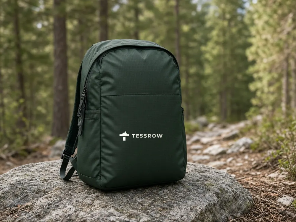 Green ripstop daypack resting on a granite rock beside a forest trail, Tessrow logo printed on the front panel