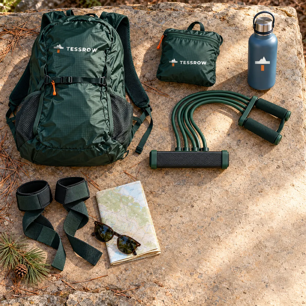 Tessrow outdoor gear laid out on a sunlit rock: green daypack, packable pouch and insulated bottle, each with the Tessrow logo