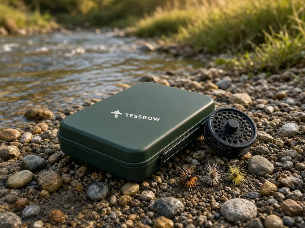 Green fly box, reel and flies on riverbank pebbles, Tessrow logo printed on the fly box lid