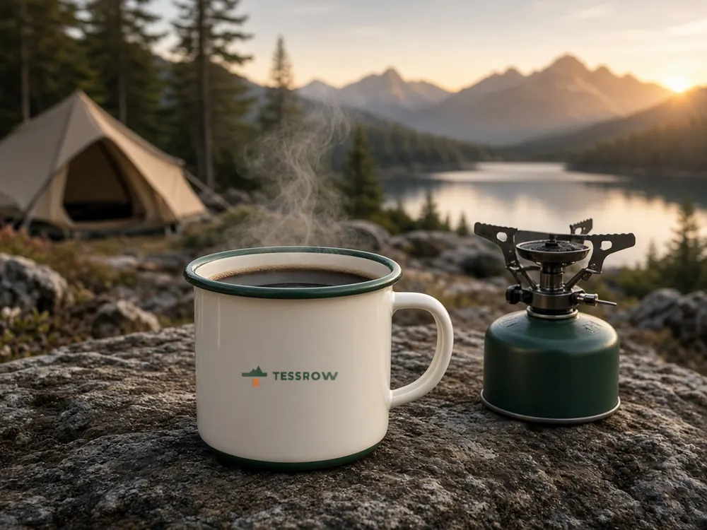 Cream enamel camp mug beside a stove at a lakeside camp, Tessrow logo printed on the mug