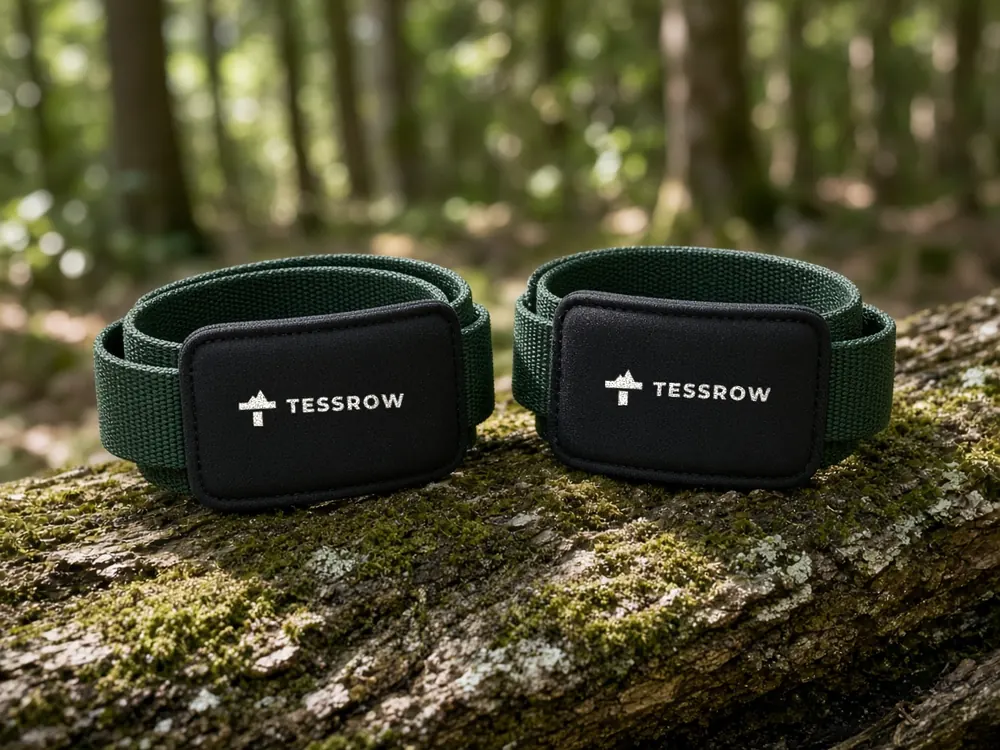 Green lifting straps with padded wraps on a mossy log, Tessrow logo printed on the pads