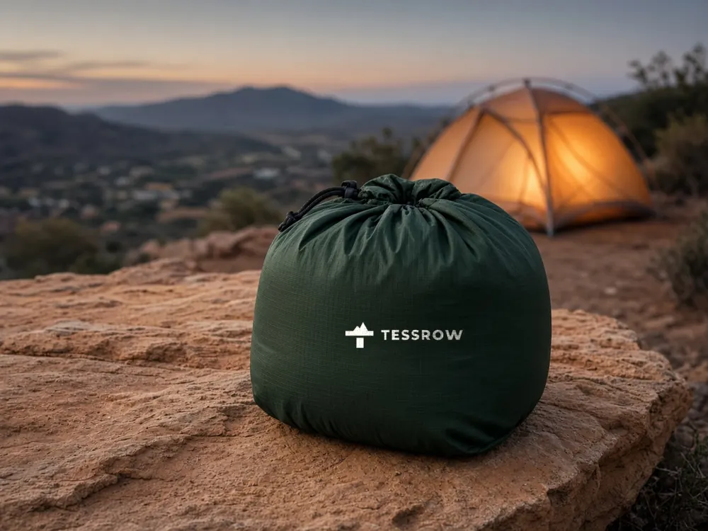 Green stuff sack on a sandstone ledge at dusk, Tessrow logo printed on the front