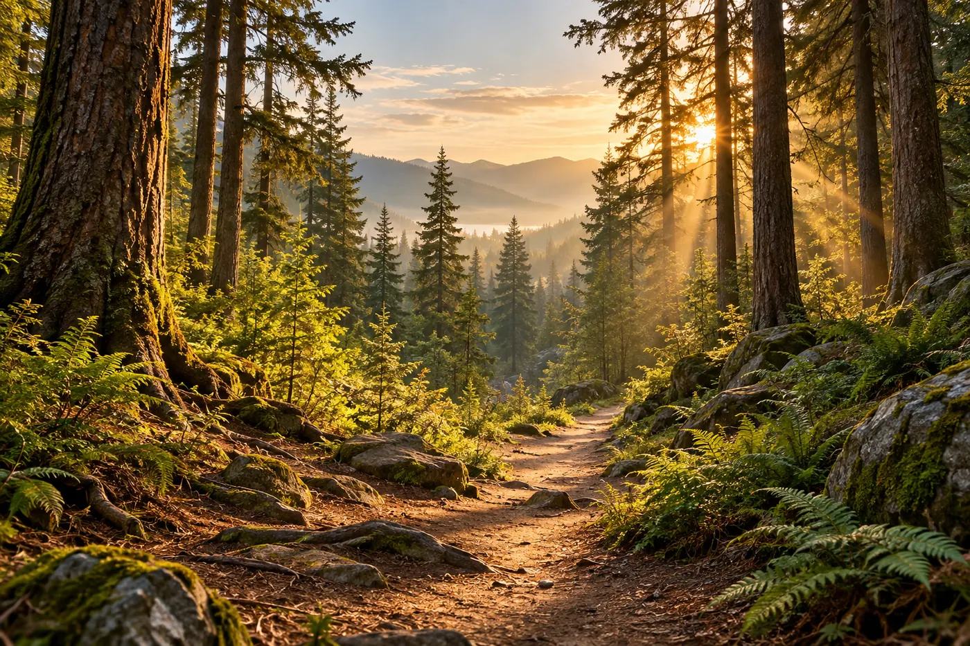 Forest trail through tall pines in early light